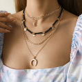 Temperament multi-layer rice bead moon pendant necklace mix and match sequins and contrast chain necklaces